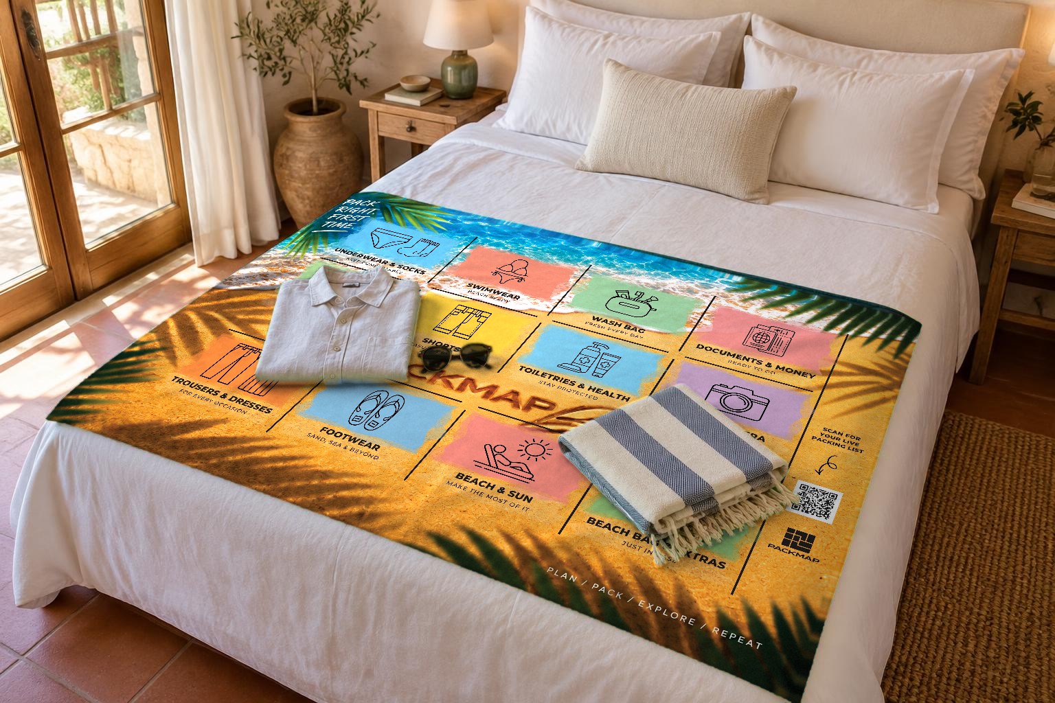 A PackMap laid out flat, covered with folded holiday clothing