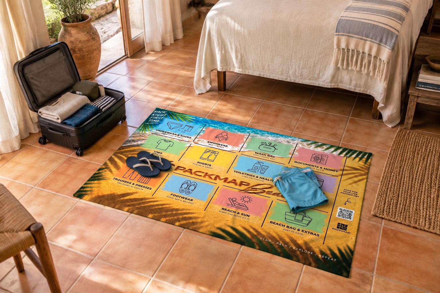 Beach map on the floor beside an open suitcase