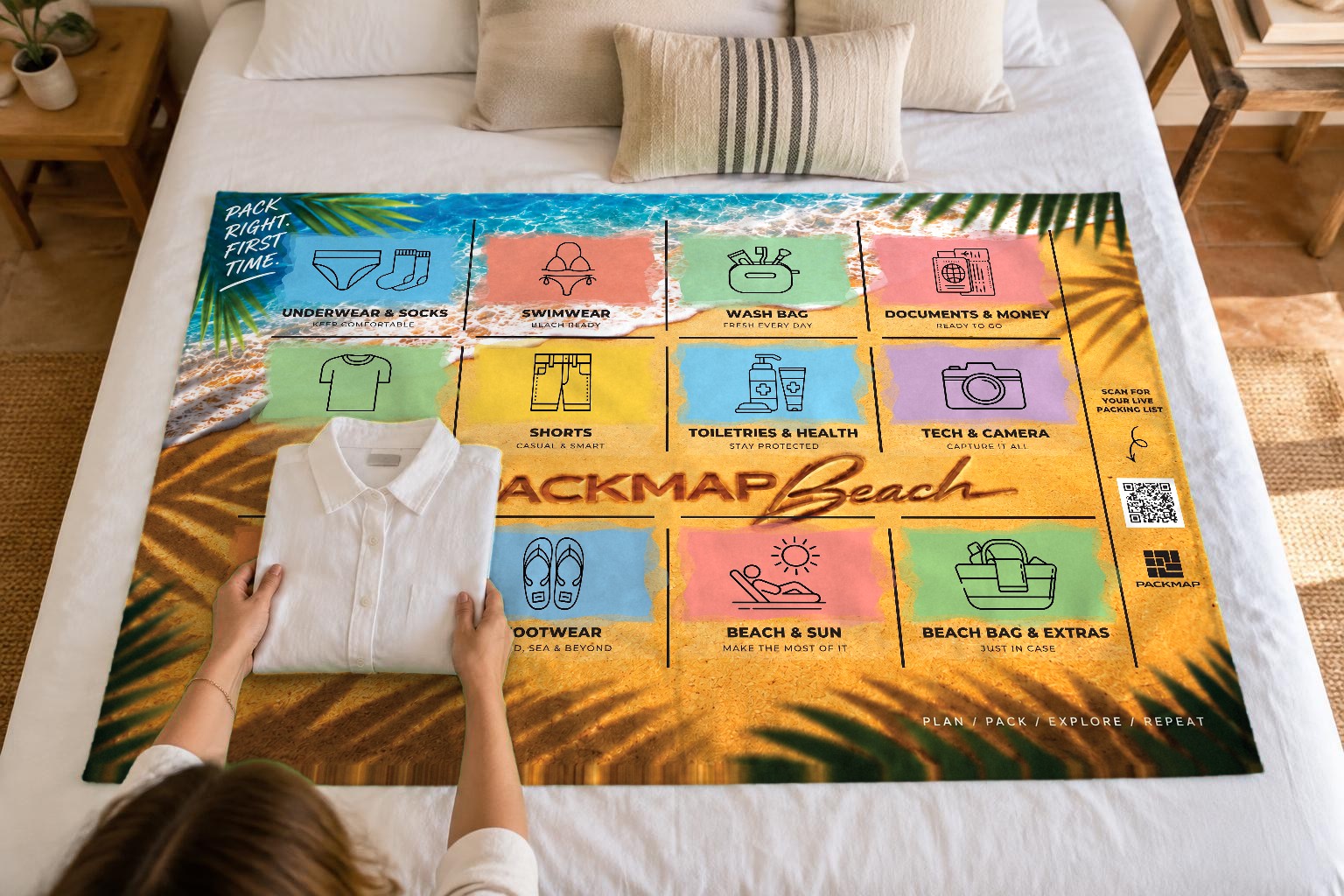 Hands placing a folded shirt onto the Beach map