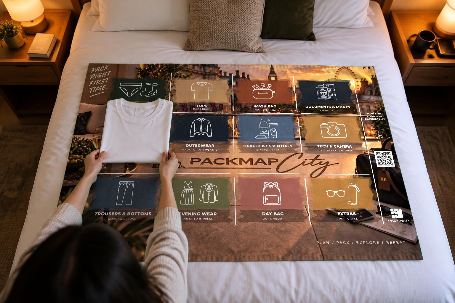 Hands placing a folded T-shirt onto the City map, QR codes printed in each zone