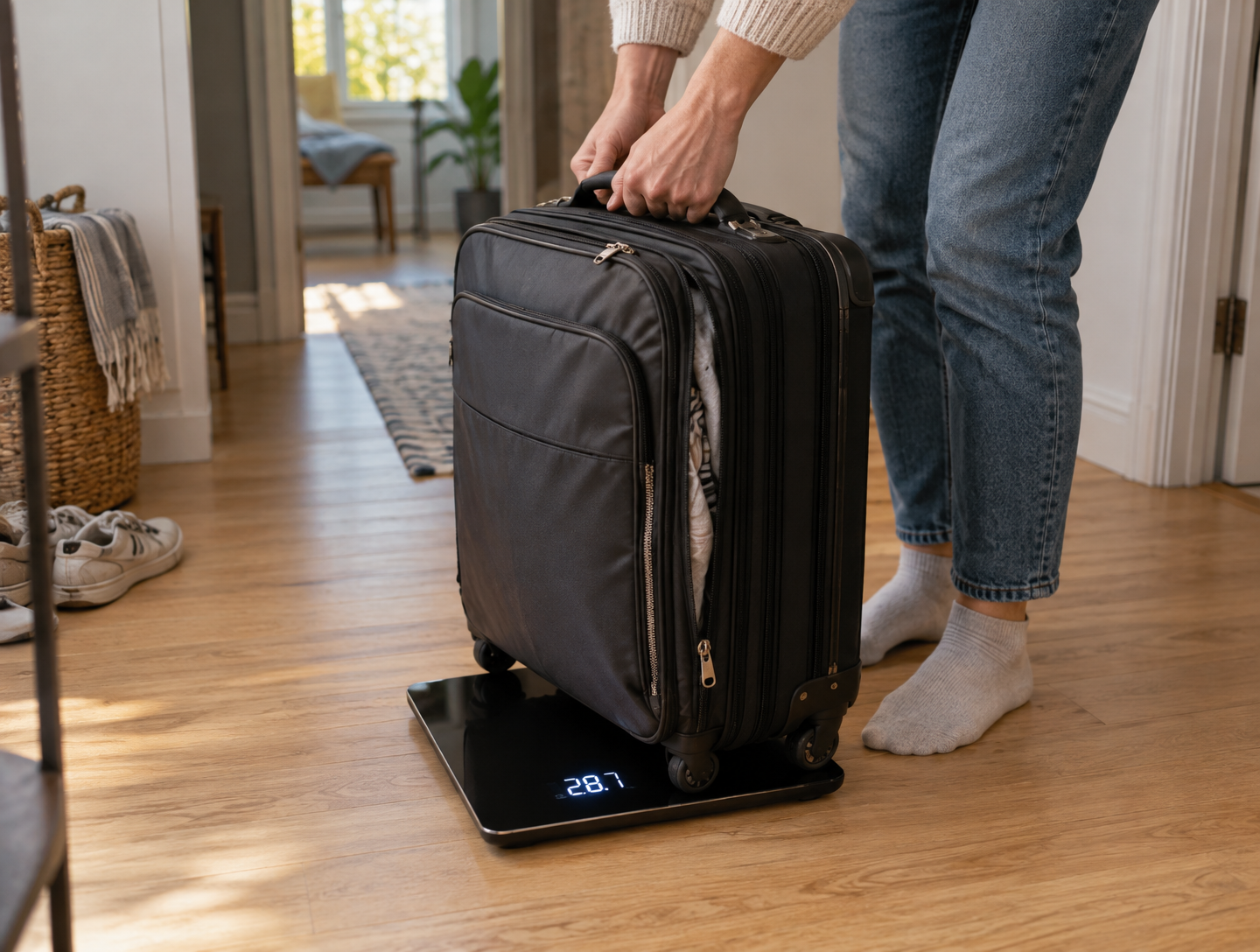 A suitcase on digital scales showing an overweight reading